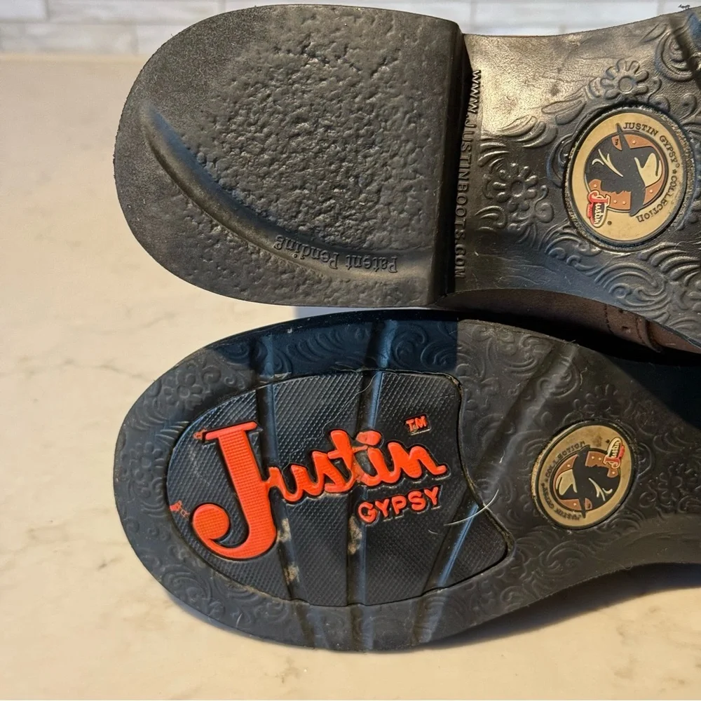 Justin Gypsy Brown Leather Embroidered Pull On Western Boot Size 8.5 B  L9903 - Picture 9 of 12